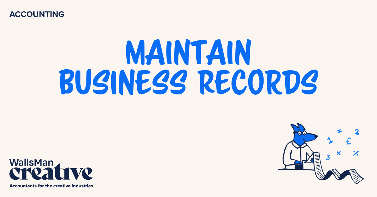 Text: "maintain business records" in the middle, on a beige background, featuring an illustration in the bottom right corner and WallsMan Creative logo in the bottom left corner.