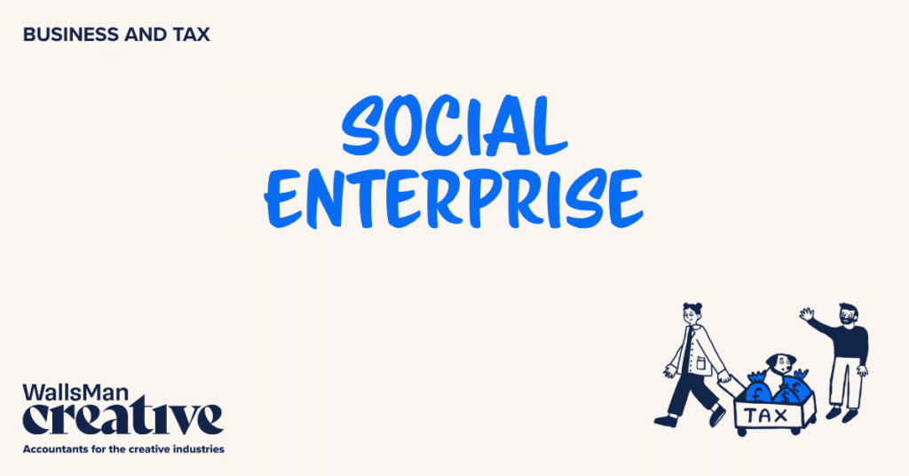 Text: "social enterprise" in the middle, on a beige background, featuring an illustration in the bottom right corner and WallsMan Creative logo in the bottom left corner.
