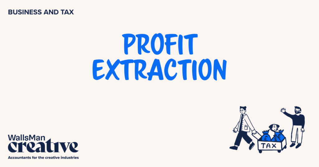 Text: "profit extraction" in the middle, on a beige background, featuring an illustration in the bottom right corner and WallsMan Creative logo in the bottom left corner.