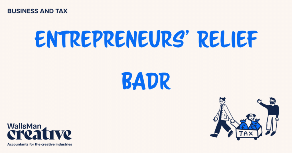 Text: "entreprenuers relief - badr" in the middle, on a beige background, featuring an illustration in the bottom right corner and WallsMan Creative logo in the bottom left corner.