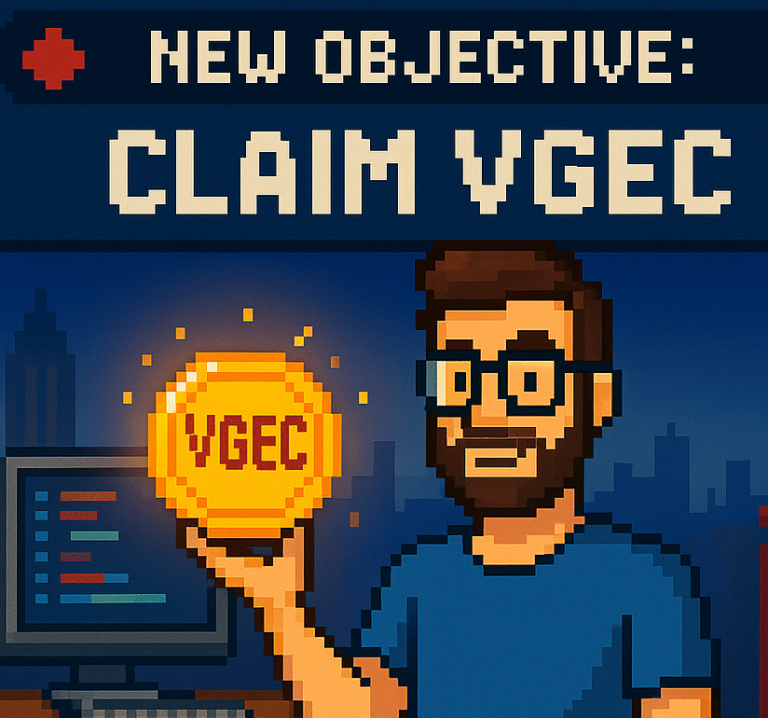 video games expenditure credit illustration in pixel art style, the main character holding a VGEC credit token used in games