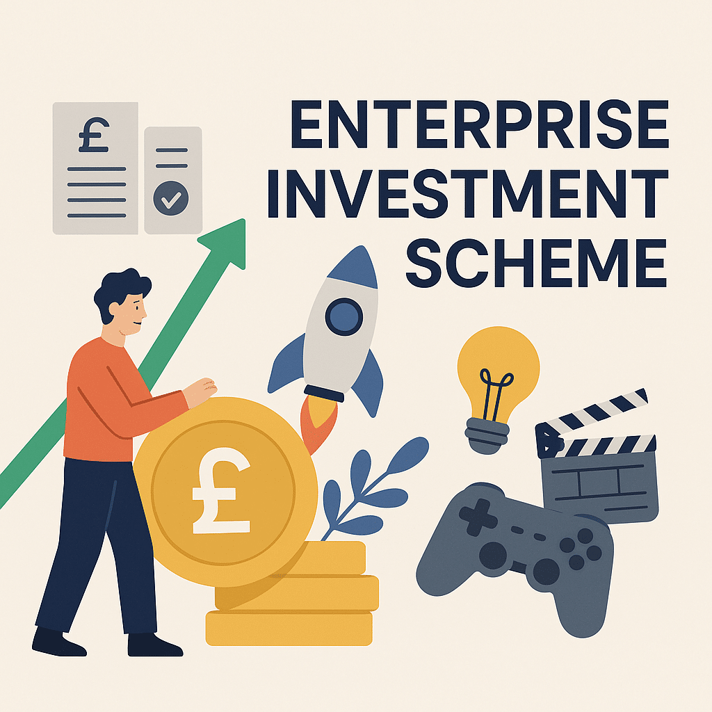 enterprise investment scheme illustration with tax symbols, creative industry icons and growth illustrations