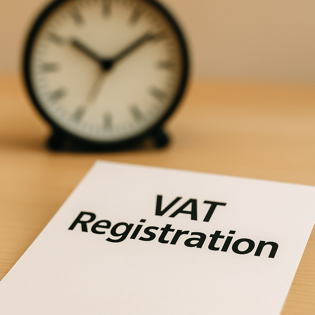 vat registration processing times illustration with blurred clock in the background and vat registration text on paper