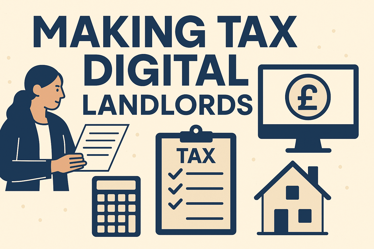 making tax digital for landlords featured image with different icons like house, notes, calculator, laptop monitor