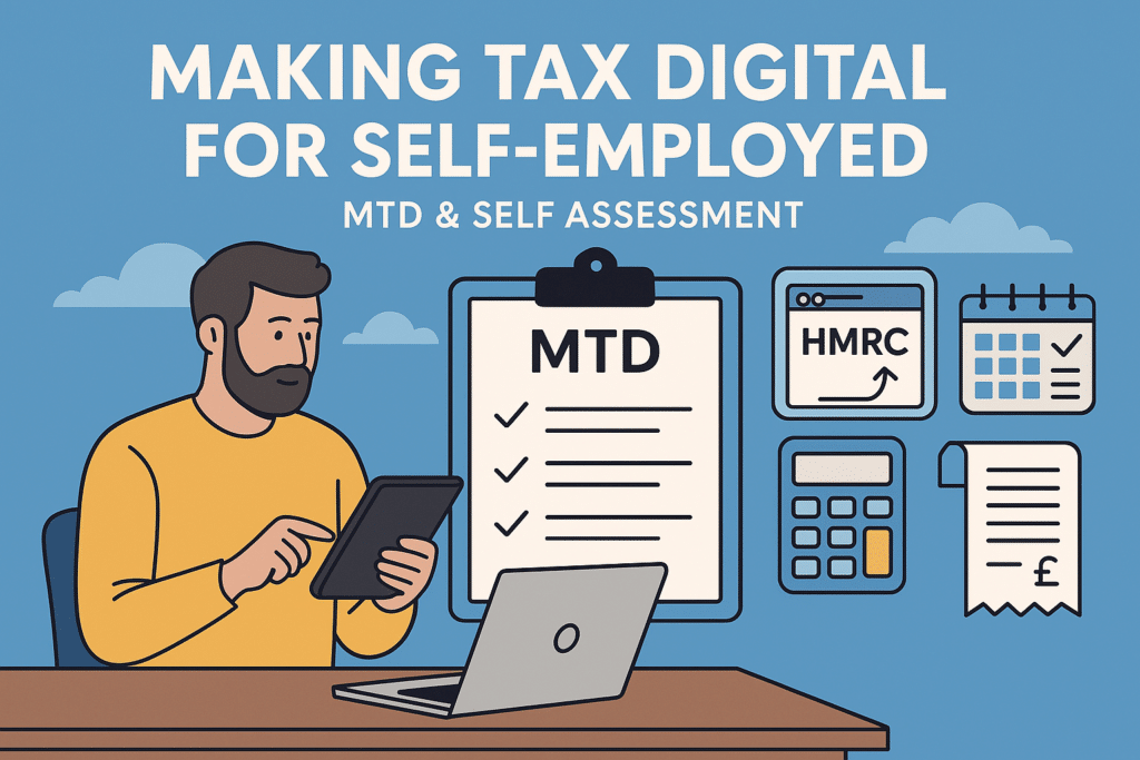 making tax digital for self-employed illustration with a man holding a tablet, a laptop on table, featuring mtd changes