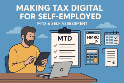 making tax digital for self-employed illustration with a man holding a tablet, a laptop on table, featuring mtd changes