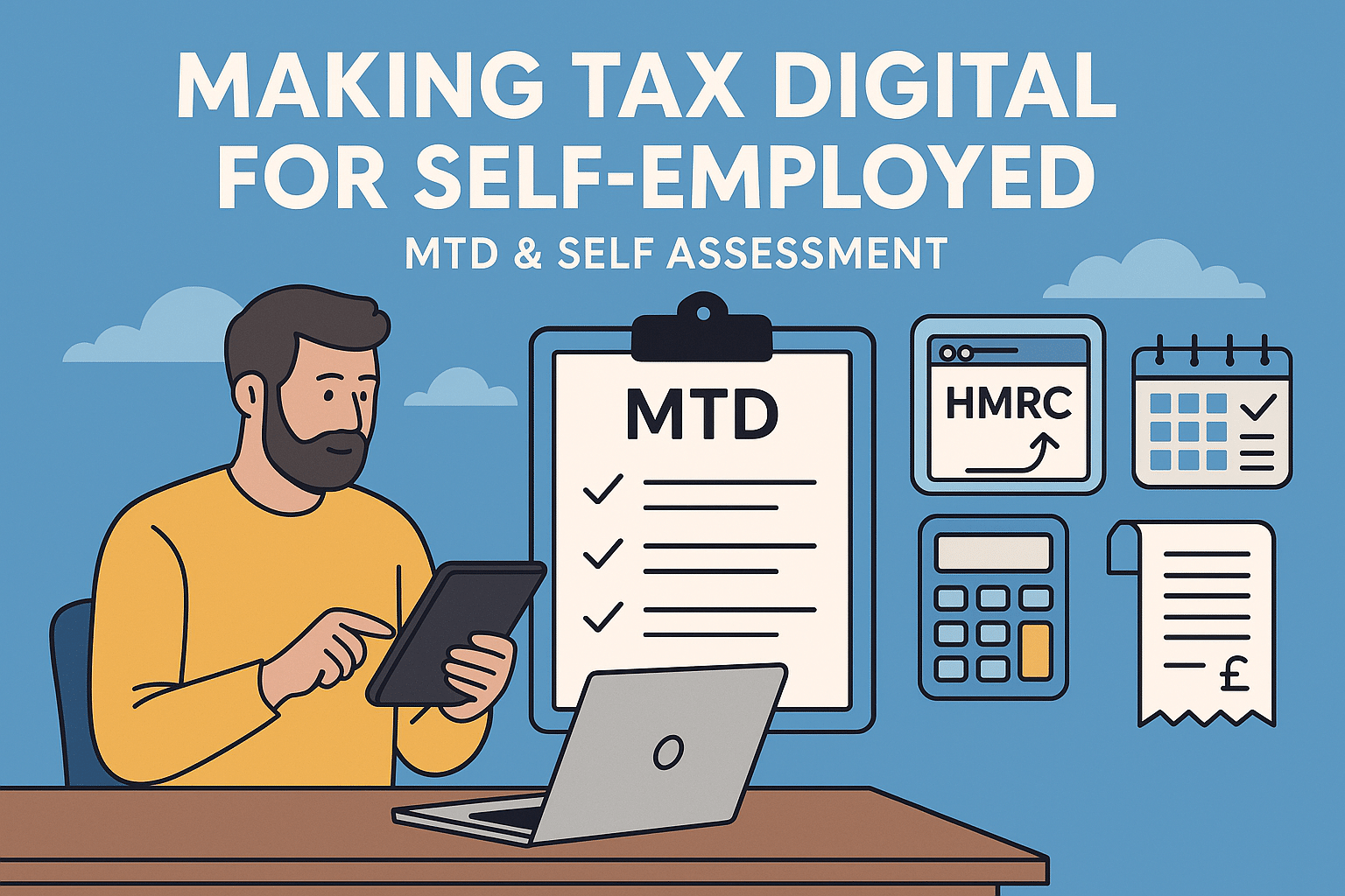 making tax digital for self-employed illustration with a man holding a tablet, a laptop on table, featuring mtd changes