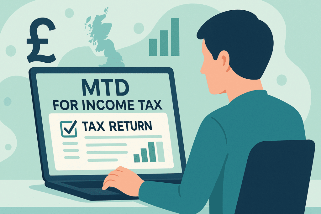 mtd for income tax featured image with a person and a laptop illustrating the change to making tax digital
