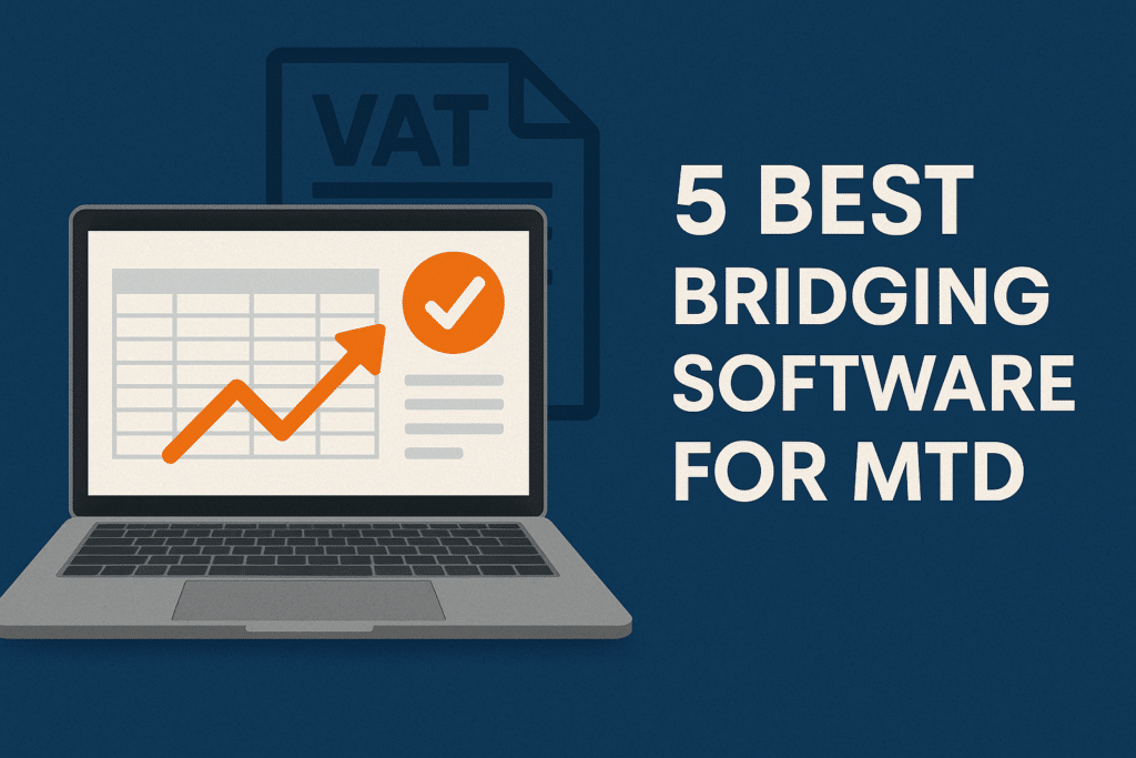 bridging software for mtd featured image with laptop illustration sign connecting spreadsheets to HMRC