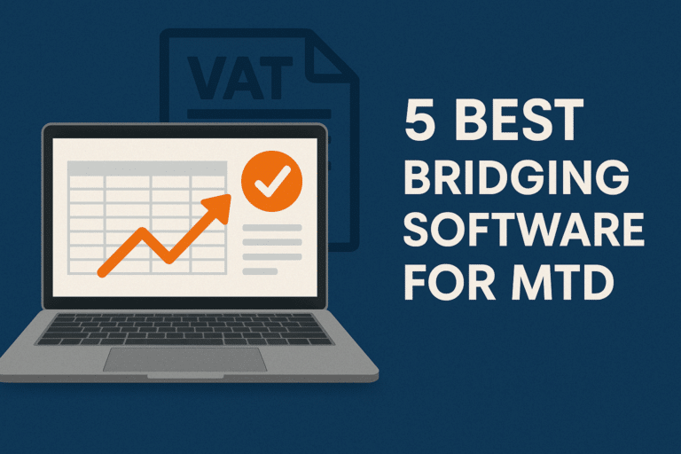 bridging software for mtd featured image with laptop illustration sign connecting spreadsheets to HMRC