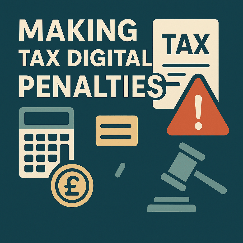 making tax digital penalties illustration with pounds, tax notes, calculator, and a warning sign