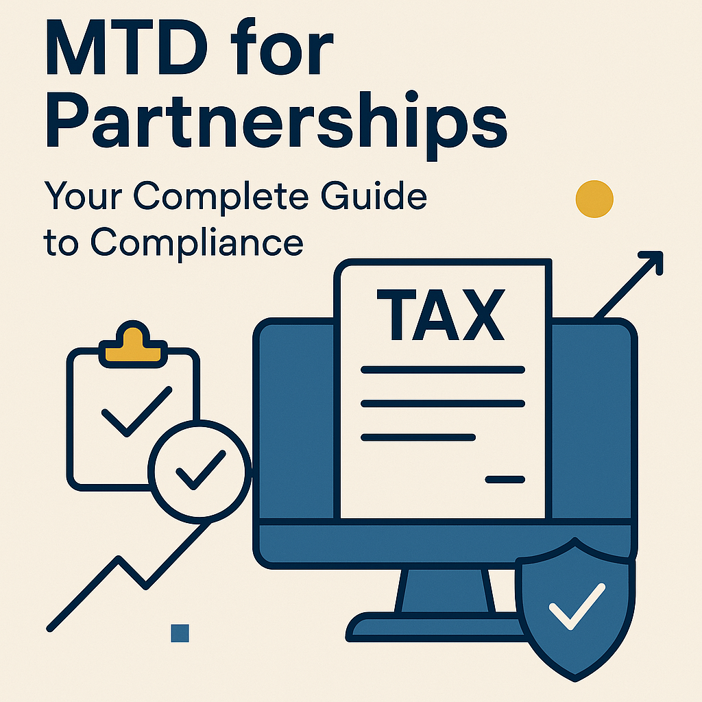 mtd for partnerships featured image with tax reporting document icon and monitor