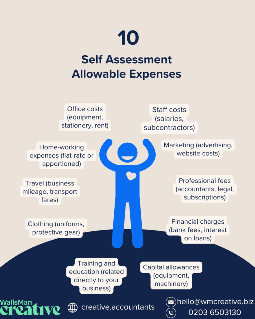 10 self assessment allowable expenses listed around a happy figure