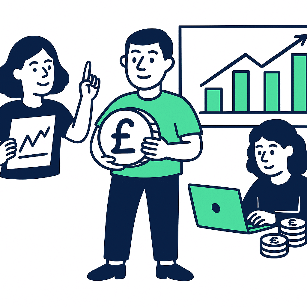 financial forecasting illustration with graphs, man holding a sterling coin and woman working on a laptop in the background