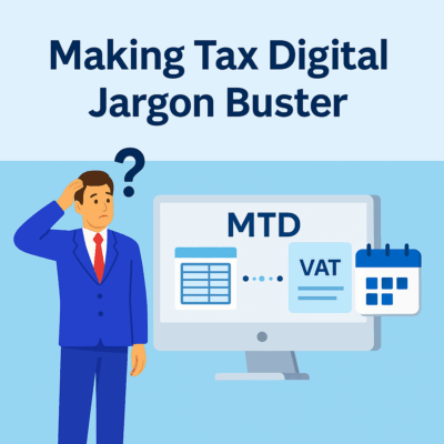 Illustration of a confused businessman looking at a computer screen showing MTD and VAT icons, representing Making Tax Digital jargon buster