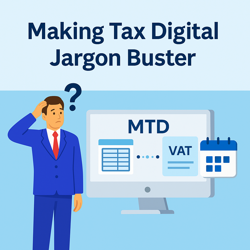 Illustration of a confused businessman looking at a computer screen showing MTD and VAT icons, representing Making Tax Digital jargon buster