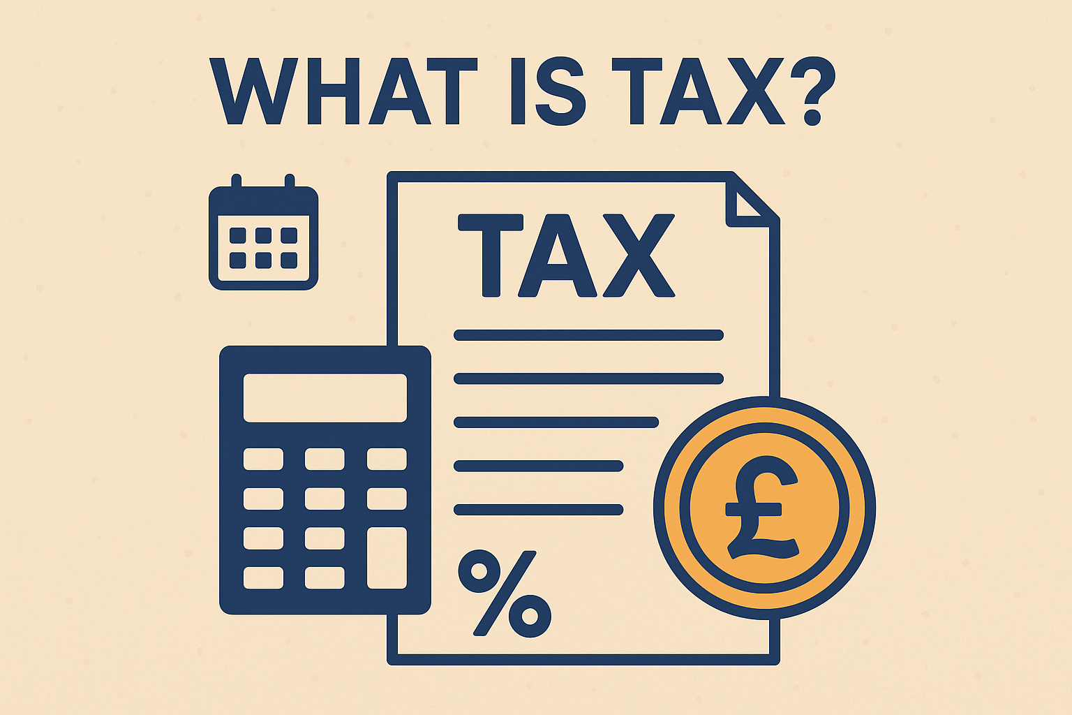 What is tax illustration showing a calculator, tax document, pound coin, calendar, and percentage symbol representing UK taxation.