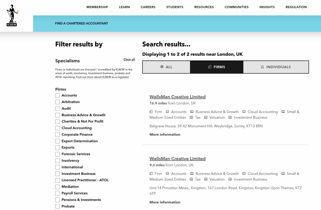 results for finding an acocuntant on icaew directory
