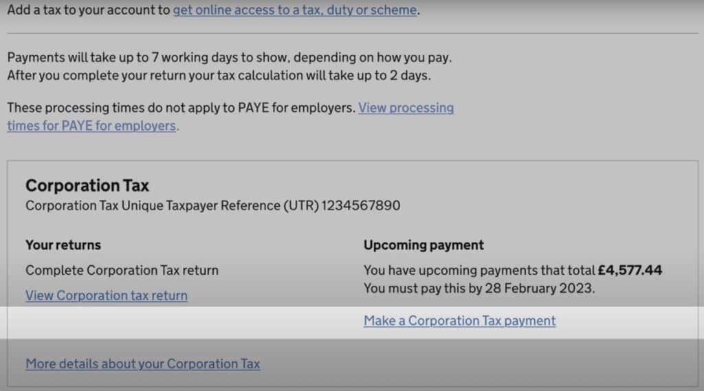 pay corporation tax online by clicking on make a corporation tax payment button