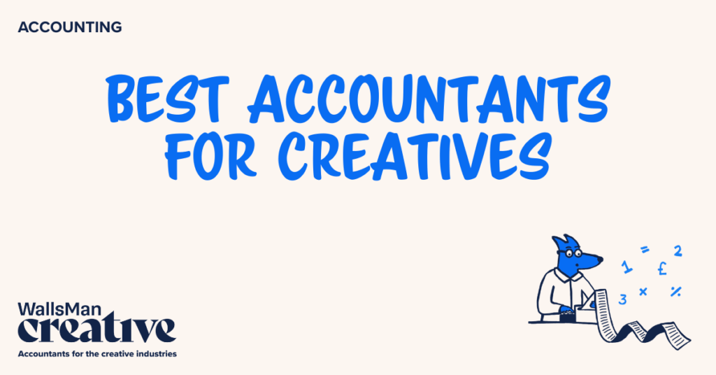 Text: "best accountants for creatives" in the middle, on a beige background, featuring an illustration in the bottom right corner and WallsMan Creative logo in the bottom left corner.