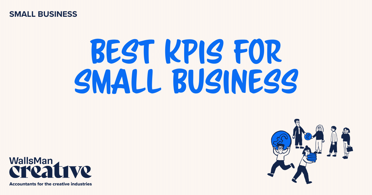 Text: "best kpis for small business" in the middle, on a beige background, featuring an illustration in the bottom right corner and WallsMan Creative logo in the bottom left corner.