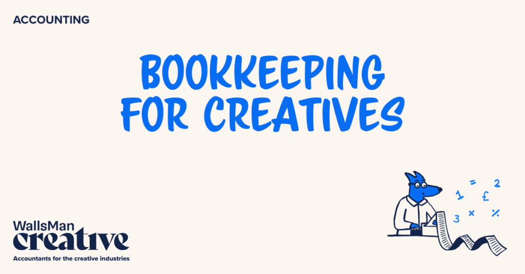Text: "bookkeeping for creatives" in the middle, on a beige background, featuring an illustration in the bottom right corner and WallsMan Creative logo in the bottom left corner.