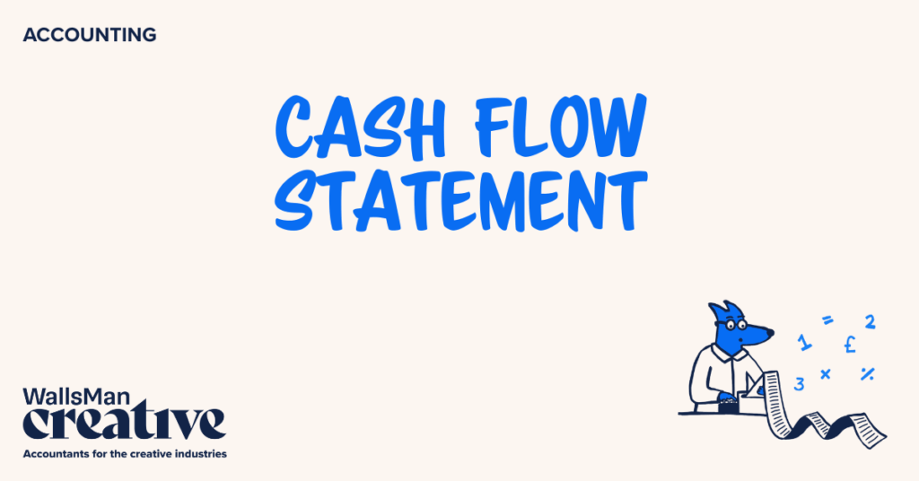 Text: "cash flow statement" in the middle, on a beige background, featuring an illustration in the bottom right corner and WallsMan Creative logo in the bottom left corner.