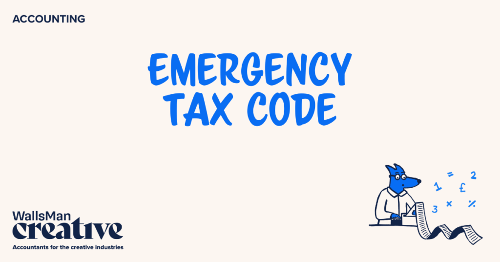 Text: "emergency tax code" in the middle, on a beige background, featuring an illustration in the bottom right corner and WallsMan Creative logo in the bottom left corner.