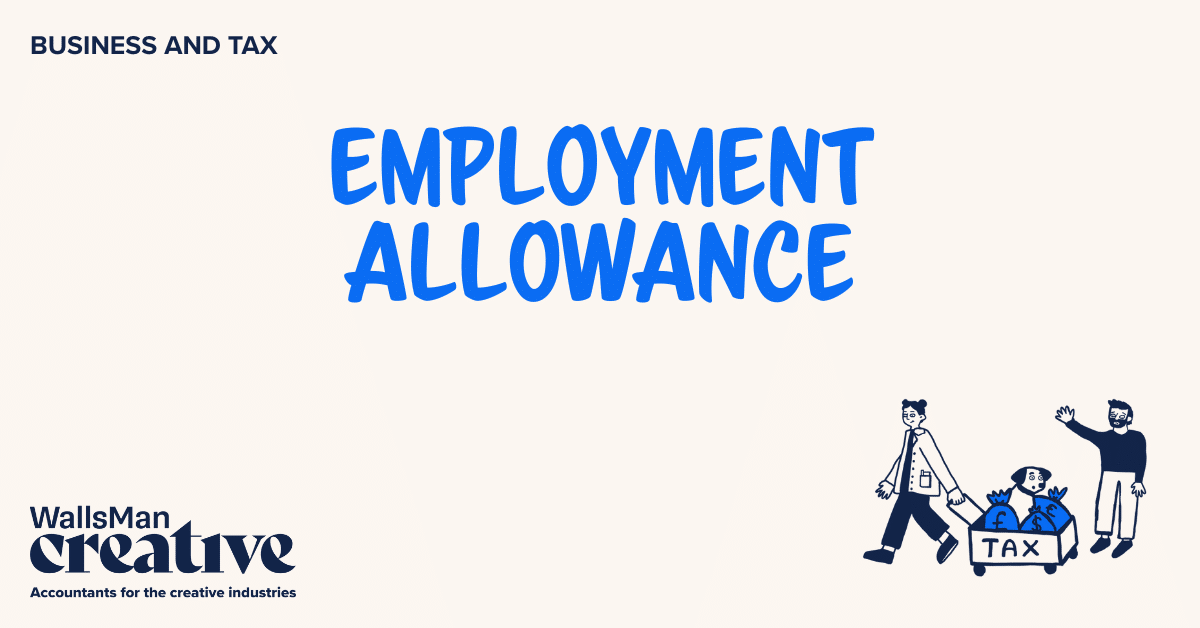 Text: "employment allowance" in the middle, on a beige background, featuring an illustration in the bottom right corner and WallsMan Creative logo in the bottom left corner.