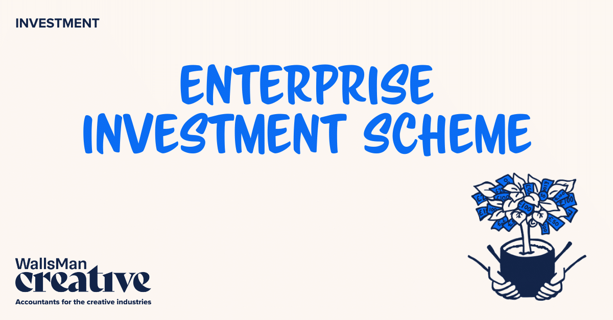 Text: "enterprise investment scheme" in the middle, on a beige background, featuring an illustration in the bottom right corner and WallsMan Creative logo in the bottom left corner.