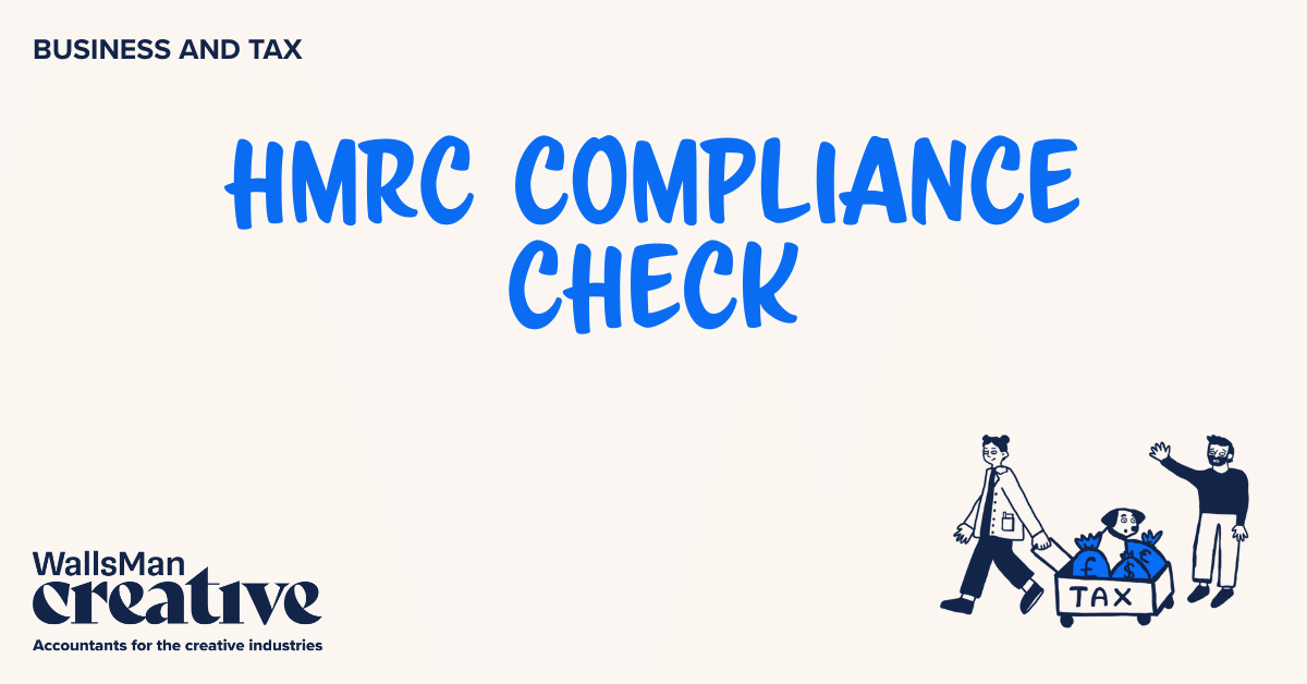 Text: "hmrc compliance check" in the middle, on a beige background, featuring an illustration in the bottom right corner and WallsMan Creative logo in the bottom left corner.