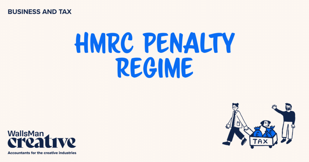 Text: "hmrc penalty regime" in the middle, on a beige background, featuring an illustration in the bottom right corner and WallsMan Creative logo in the bottom left corner.