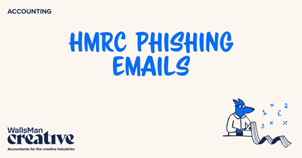 Text: "hmrc phishing emails" in the middle, on a beige background, featuring an illustration in the bottom right corner and WallsMan Creative logo in the bottom left corner.