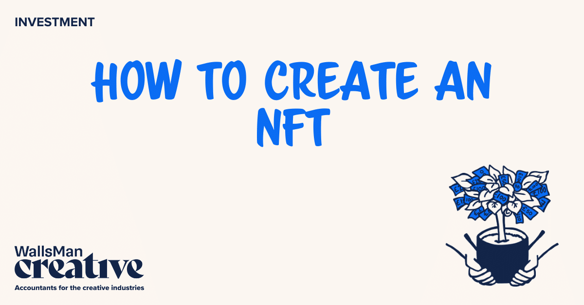 Text: "how to create an nft" in the middle, on a beige background, featuring an illustration in the bottom right corner and WallsMan Creative logo in the bottom left corner.