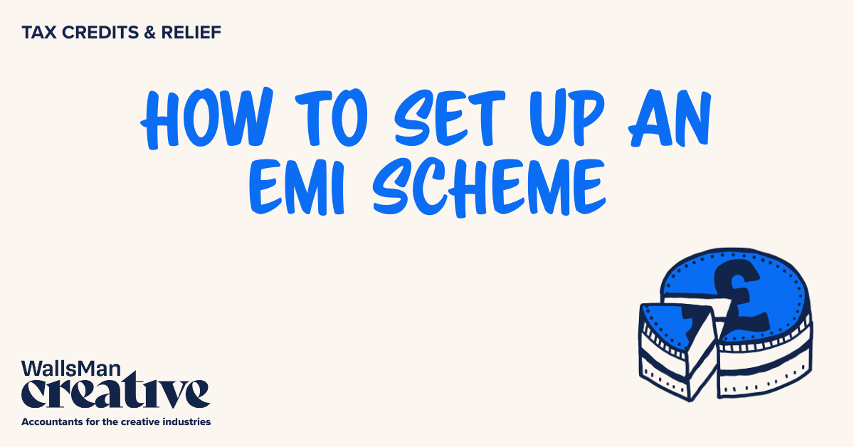 Text: "how to set up an emi scheme" in the middle, on a beige background, featuring an illustration in the bottom right corner and WallsMan Creative logo in the bottom left corner.