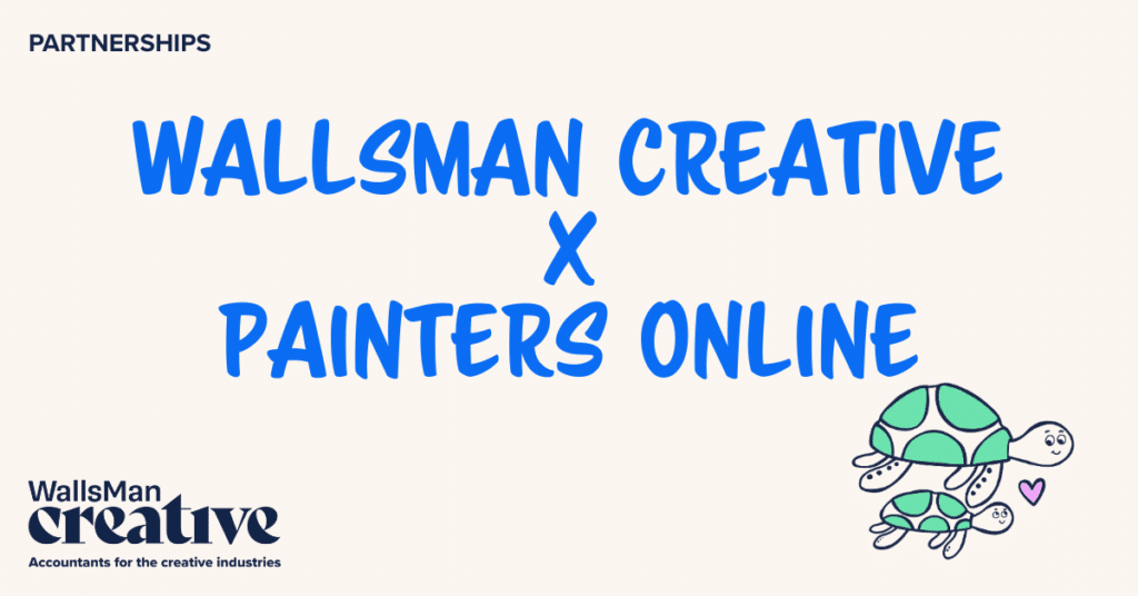 Text: "WallsMan Creative X Painters Online" in the middle, on a beige background, featuring an illustration in the bottom right corner and WallsMan Creative logo in the bottom left corner.