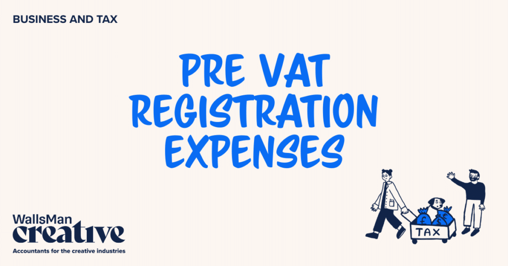 Text: "pre vat registration expenses" in the middle, on a beige background, featuring an illustration in the bottom right corner and WallsMan Creative logo in the bottom left corner.