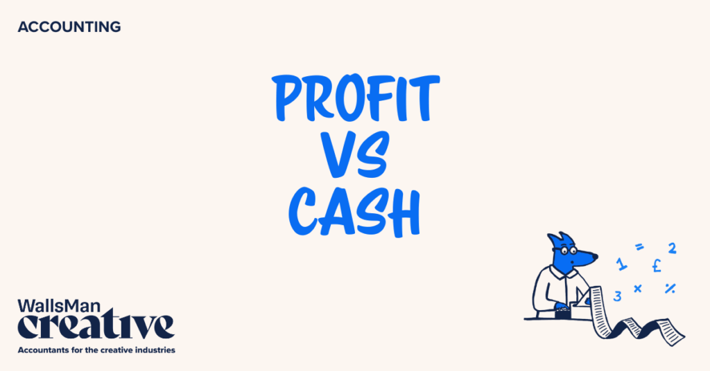Text: "profit vs cash" in the middle, on a beige background, featuring an illustration in the bottom right corner and WallsMan Creative logo in the bottom left corner.