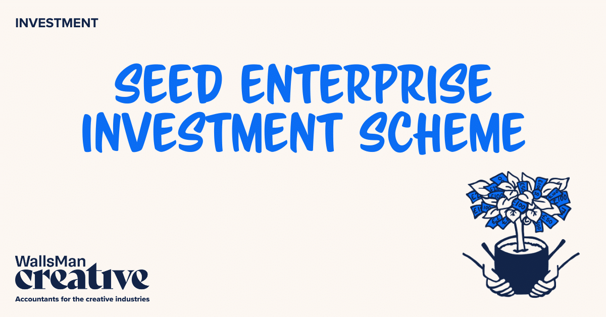 Text: "seed enterprise investment scheme" in the middle, on a beige background, featuring an illustration in the bottom right corner and WallsMan Creative logo in the bottom left corner.