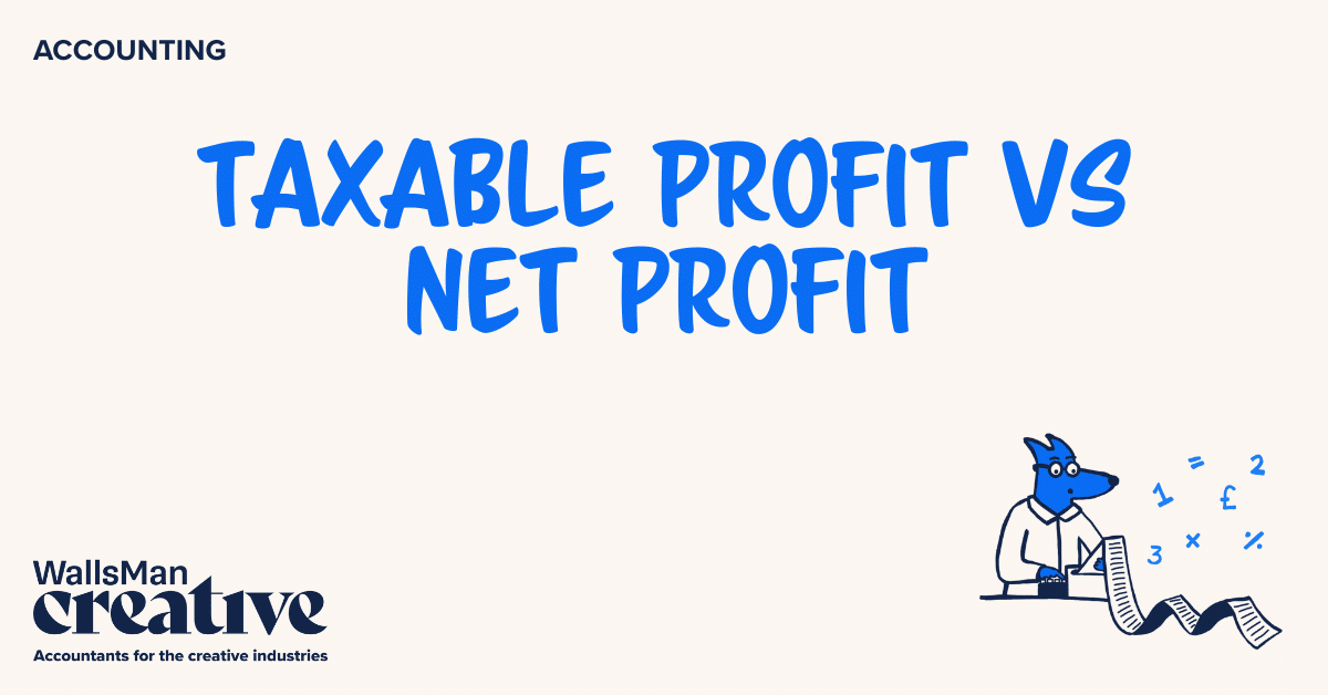 Text: "taxable profit vs net profit" in the middle, on a beige background, featuring an illustration in the bottom right corner and WallsMan Creative logo in the bottom left corner.