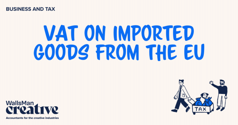 Text: "vat on imported goods from the eu" in the middle, on a beige background, featuring an illustration in the bottom right corner and WallsMan Creative logo in the bottom left corner.