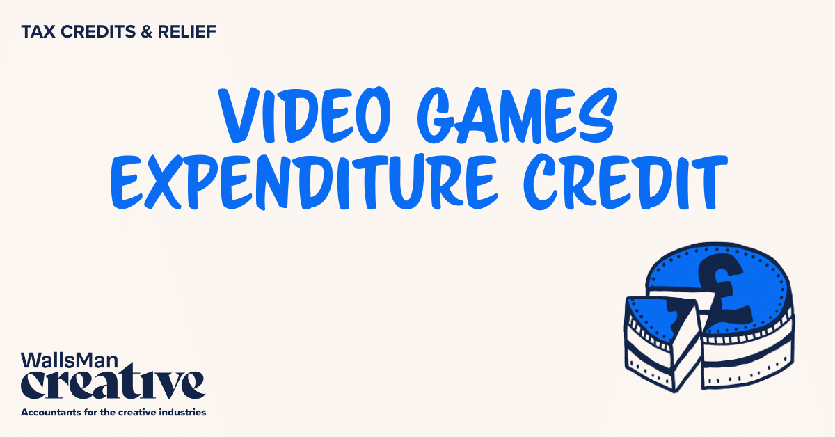 Text: "video games expenditure credit" in the middle, on a beige background, featuring an illustration in the bottom right corner and WallsMan Creative logo in the bottom left corner.