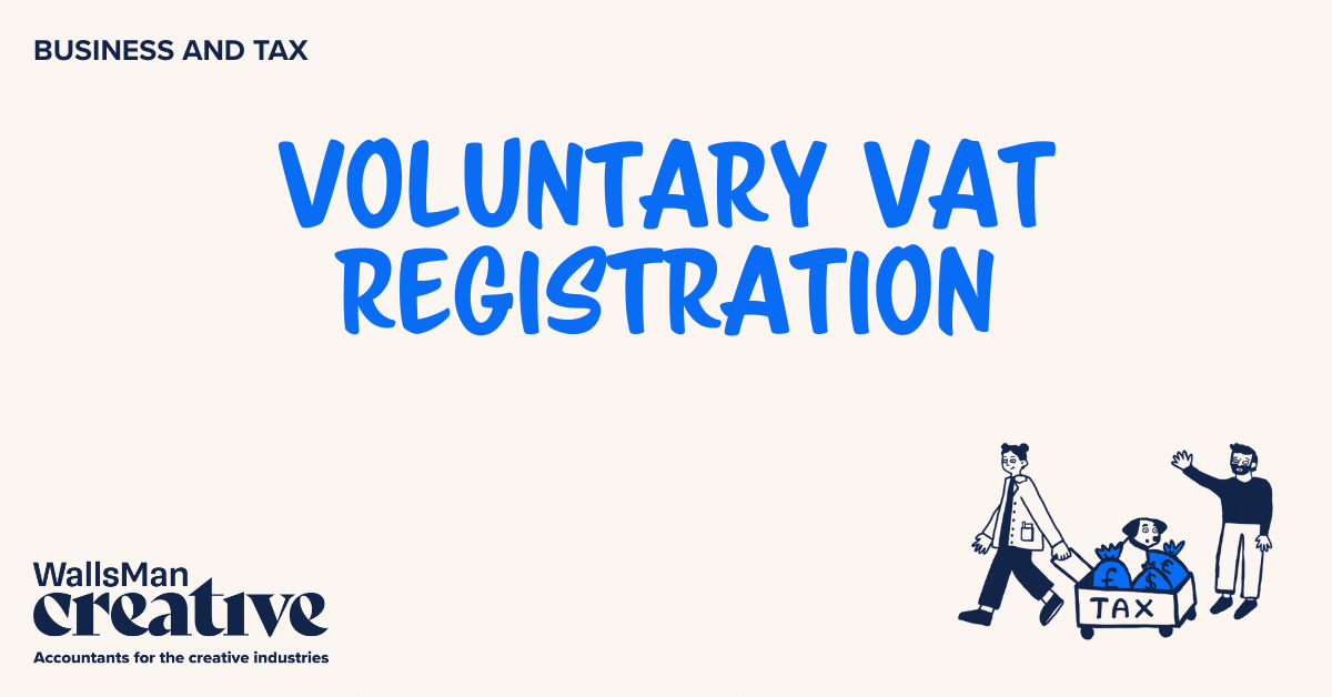 Text: "voluntary vat registration" in the middle, on a beige background, featuring an illustration in the bottom right corner and WallsMan Creative logo in the bottom left corner.