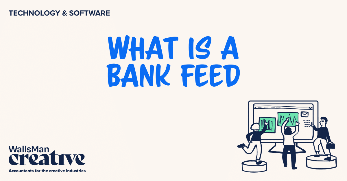 Text: "what is a bank feed" in the middle, on a beige background, featuring an illustration in the bottom right corner and WallsMan Creative logo in the bottom left corner.