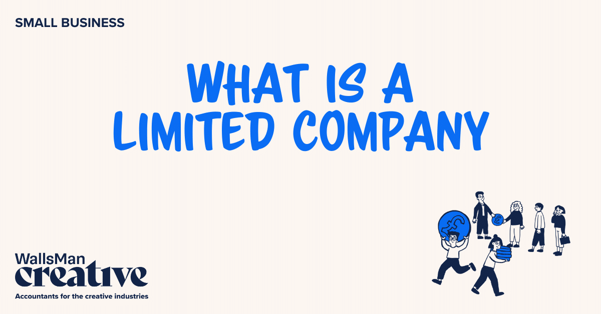 Text: "what is a limited company" in the middle, on a beige background, featuring an illustration in the bottom right corner and WallsMan Creative logo in the bottom left corner.