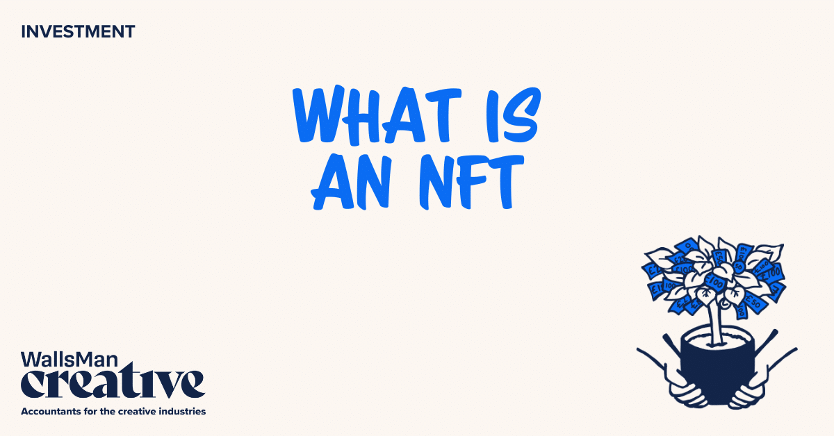 Text: "what is an nft" in the middle, on a beige background, featuring an illustration in the bottom right corner and WallsMan Creative logo in the bottom left corner.