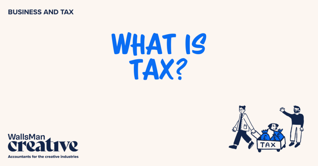 Text: "what is tax" in the middle, on a beige background, featuring an illustration in the bottom right corner and WallsMan Creative logo in the bottom left corner.