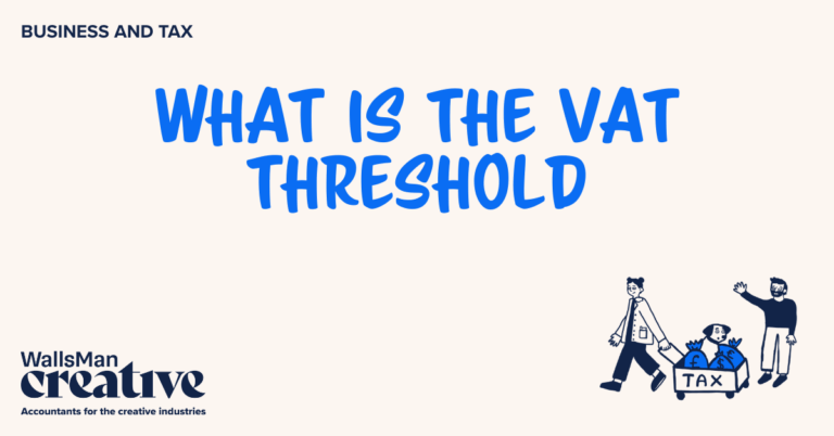 Text: "what is the vat threshold" in the middle, on a beige background, featuring an illustration in the bottom right corner and WallsMan Creative logo in the bottom left corner.