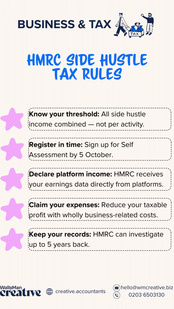 An infographic about the 5 essential HMRC side hustle tax rules