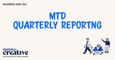 Text: "MTD quarterly reporting" in the middle, on a beige background, featuring an illustration in the bottom right corner and WallsMan Creative logo in the bottom left corner.